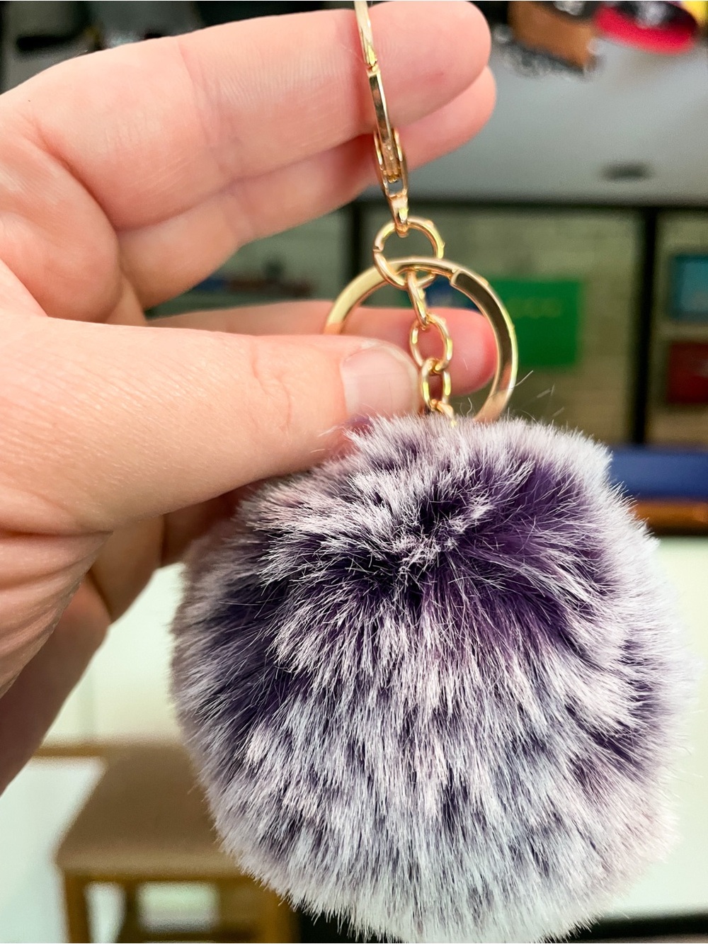 Faux Fur Pom-Pom Keychain Purse Bag Backpack Charm Keyring - Purple - Picture 5 of 6